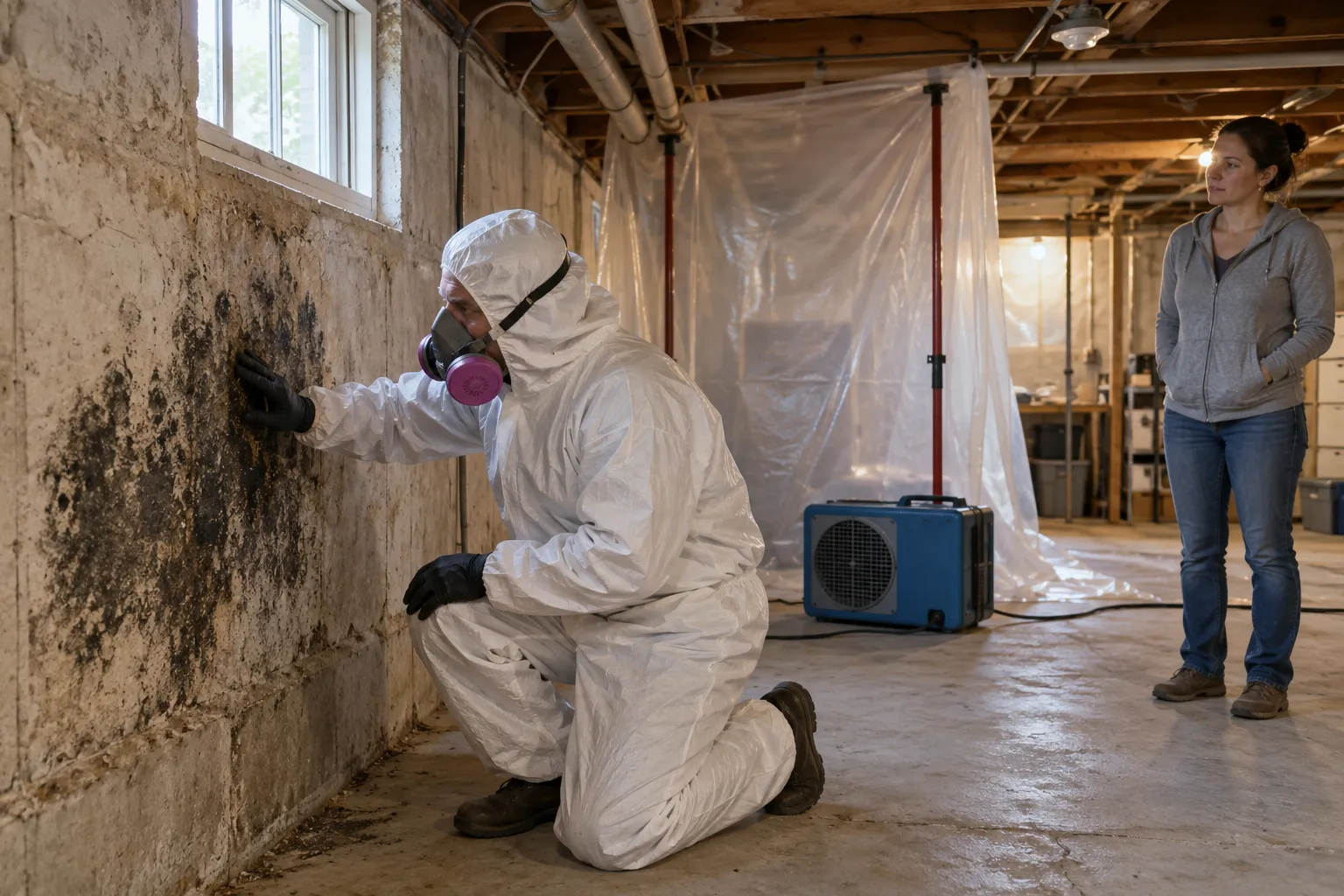 Provider in protective gear inspecting a basement wall for black mold in a home near Chesapeake Beach