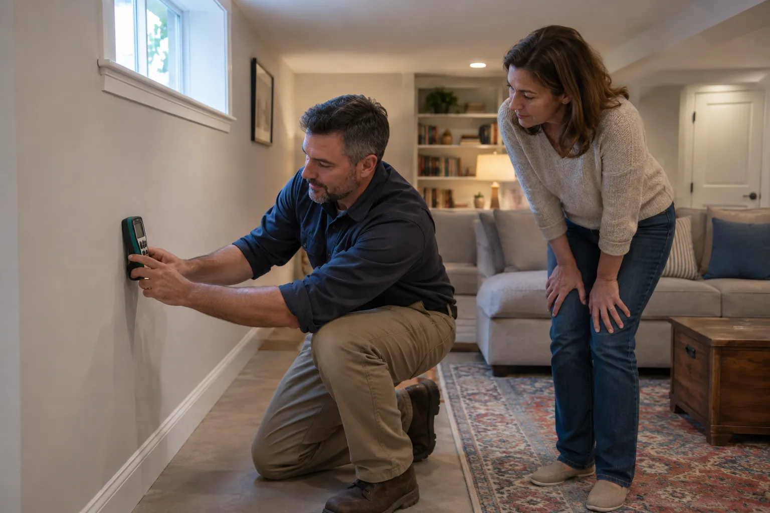 A local provider inspecting a basement wall for mold in a home near Chesapeake Beach