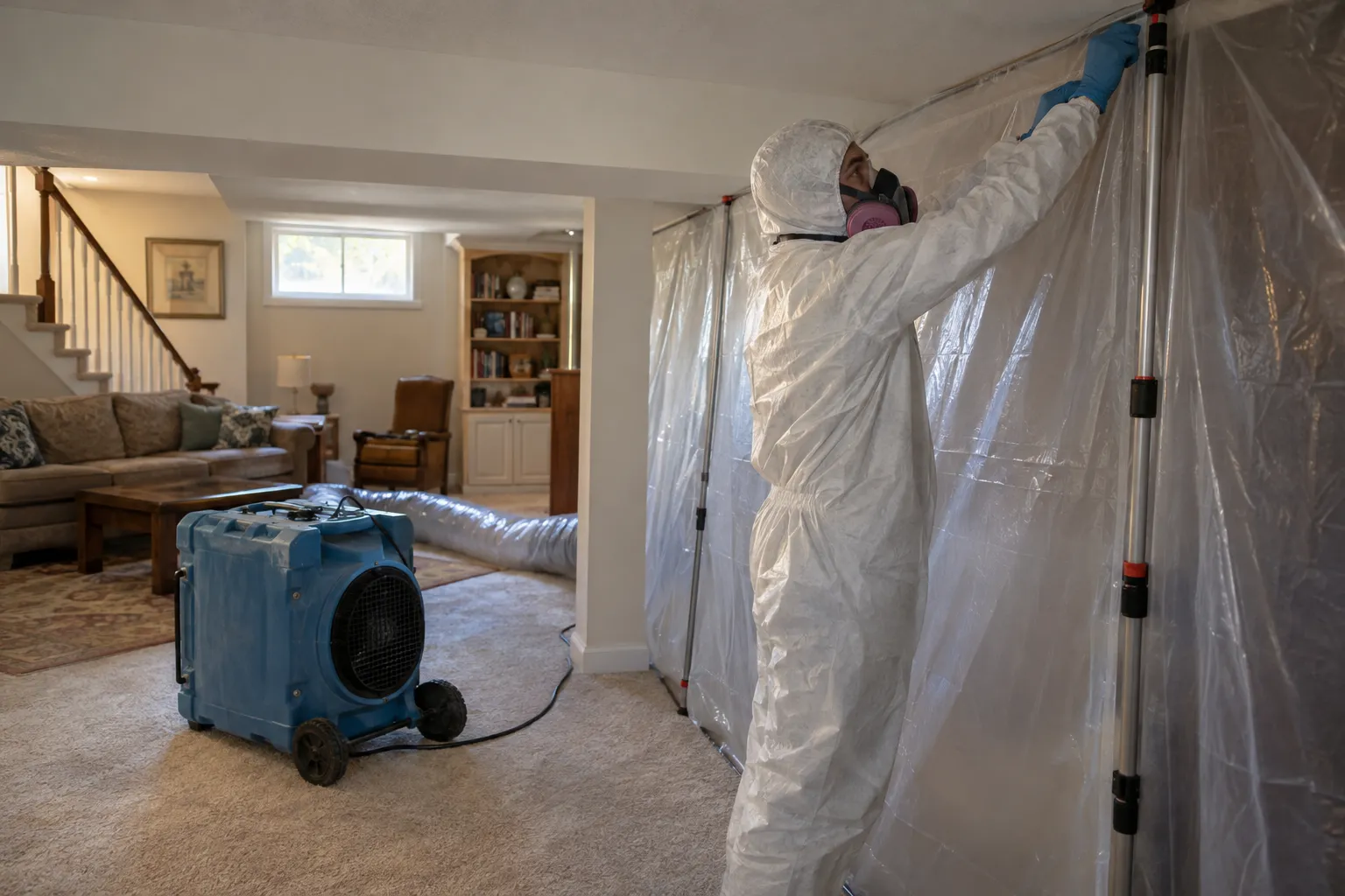A local provider inspecting a basement wall for mold in a Chesapeake Beach area home